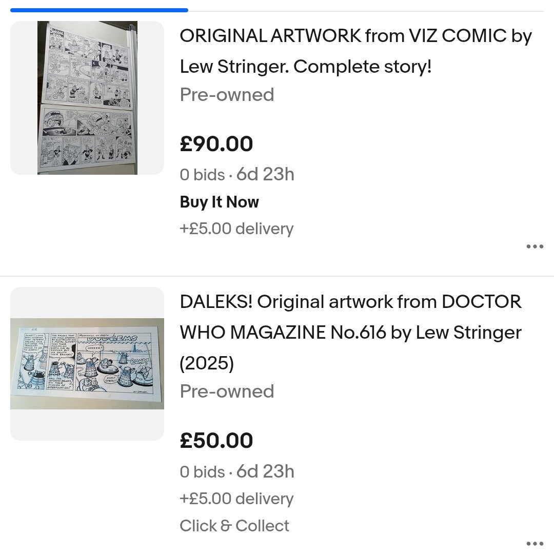 I'm selling more of my original artwork. A page from VIZ and a Daleks strip from Doctor Who Magazine. 
Auction ends on Sunday 10th August (and the Viz page has a Buy It Now option if you want to grab it earlier). 
ebay.co.uk/sch/i.html?ite…