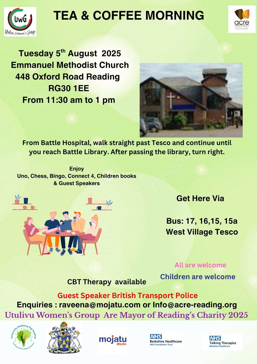 ☕ Join us for a Tea &amp; Coffee Morning on Tuesday , 5th August, featuring guest speakers from British Transport Police. Enjoy a cuppa, meet the team, and hear helpful tips on staying safe while travelling. All welcome! 👮‍♂️🚆
#Utulivu #Acre #mojatu #bHFT #BTP #MayorCharity