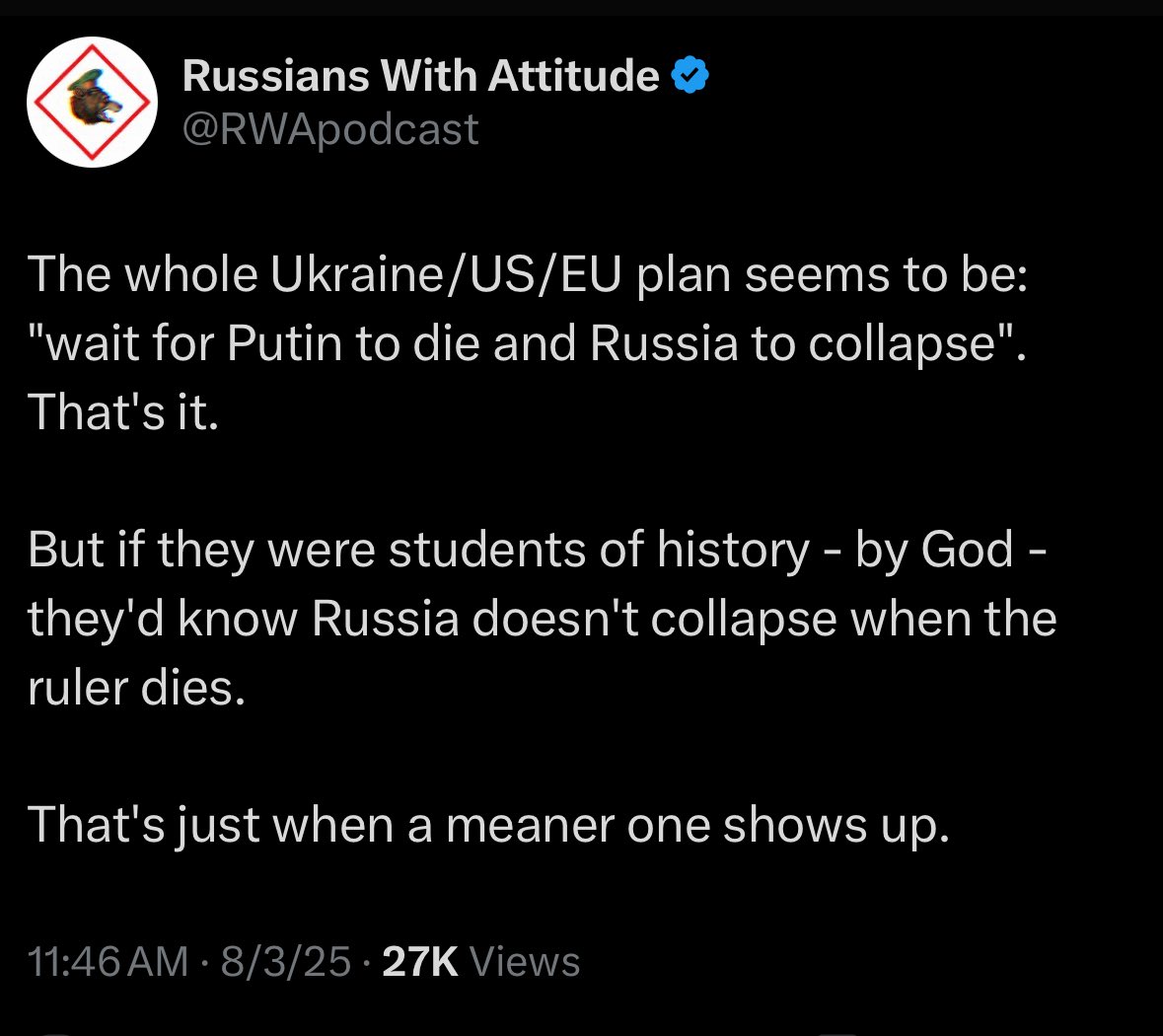 The russian plan seems to be sacrificing countless russians until the West lets war fatigue set in. Personally, I will never stop supporting Ukrainian freedom