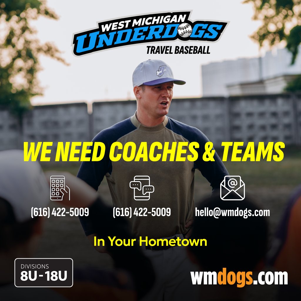 Contact us with your questions about coaching for the newest travel baseball in your Michigan hometown.

Michigan Travel baseball for players 8U to 18U.

wmdogs.com

#baseball #MichiganBaseball #puremichigan #westmichigan #travelbaseball #tryouts