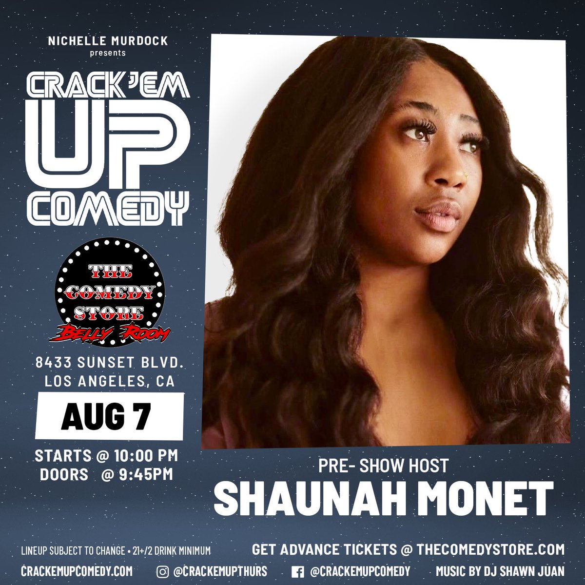 Crack’Em Up Comedy Shows (@crackemupla) on Twitter photo Get tickets here for
CRACK’EM UP
10p This Thursday 8/7
<a href="/TheComedyStore/">The Comedy Store</a>
🎟️crackemupcomedy.com
#thursday
#thursdayvibe #CrackEmUp #ComedyStore
#StandUpComedy Get tickets here for
CRACK’EM UP
10p This Thursday 8/7
<a href="/TheComedyStore/">The Comedy Store</a>
🎟️crackemupcomedy.com
#thursday
#thursdayvibe #CrackEmUp #ComedyStore
#StandUpComedy