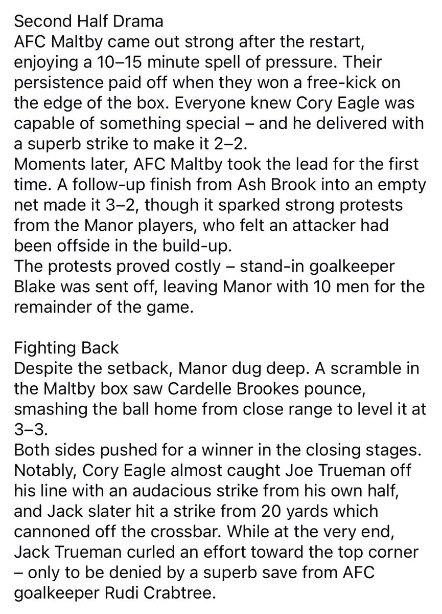 FULL TIME RESULT 

<a href="/AFCMaltby/">AFC Maltby</a> 3-3 Manor Hotel

Great game and all for a good cause. Looking forward to doing it again next year. 

All the best to AFC for the upcoming season 🤝🏻

⚽️⚽️ Dev
⚽️ Dell
MOTM - Dev

#UTM | <a href="/Rdslfootball/">Rotherham And District Sunday League</a>