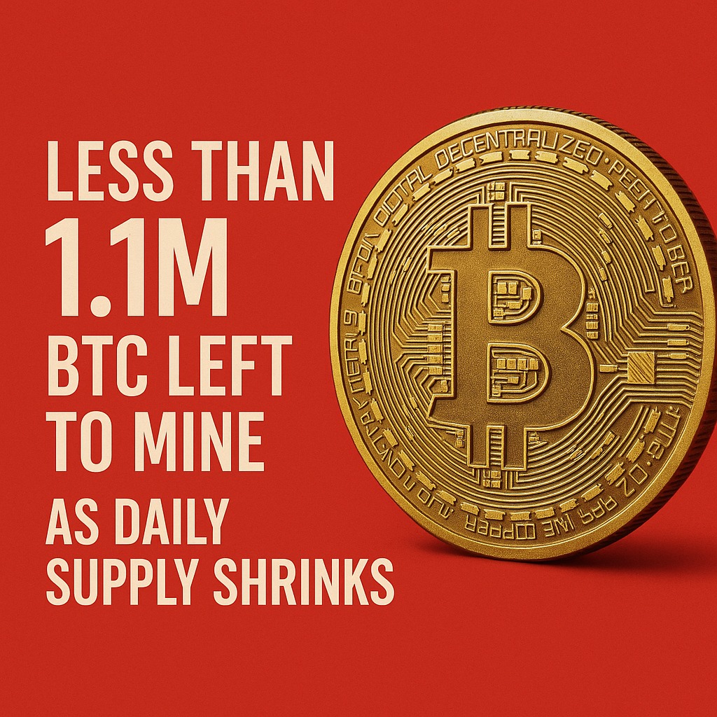 LESS THAN 1.1M BTC LEFT TO MINE AS DAILY SUPPLY SHRINKS Fewer than 1.1  million Bitcoin remain to be mined, with only 450 new coins created each  day, raising questions about future