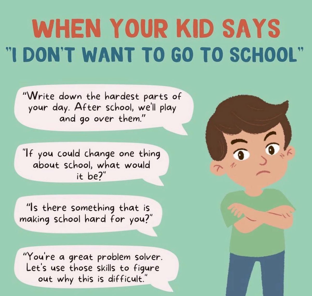 School will be starting soon. These are great conversation starters to better understand what our kiddos are experiencing if they are resistant. Then problem solve and develop a plan.