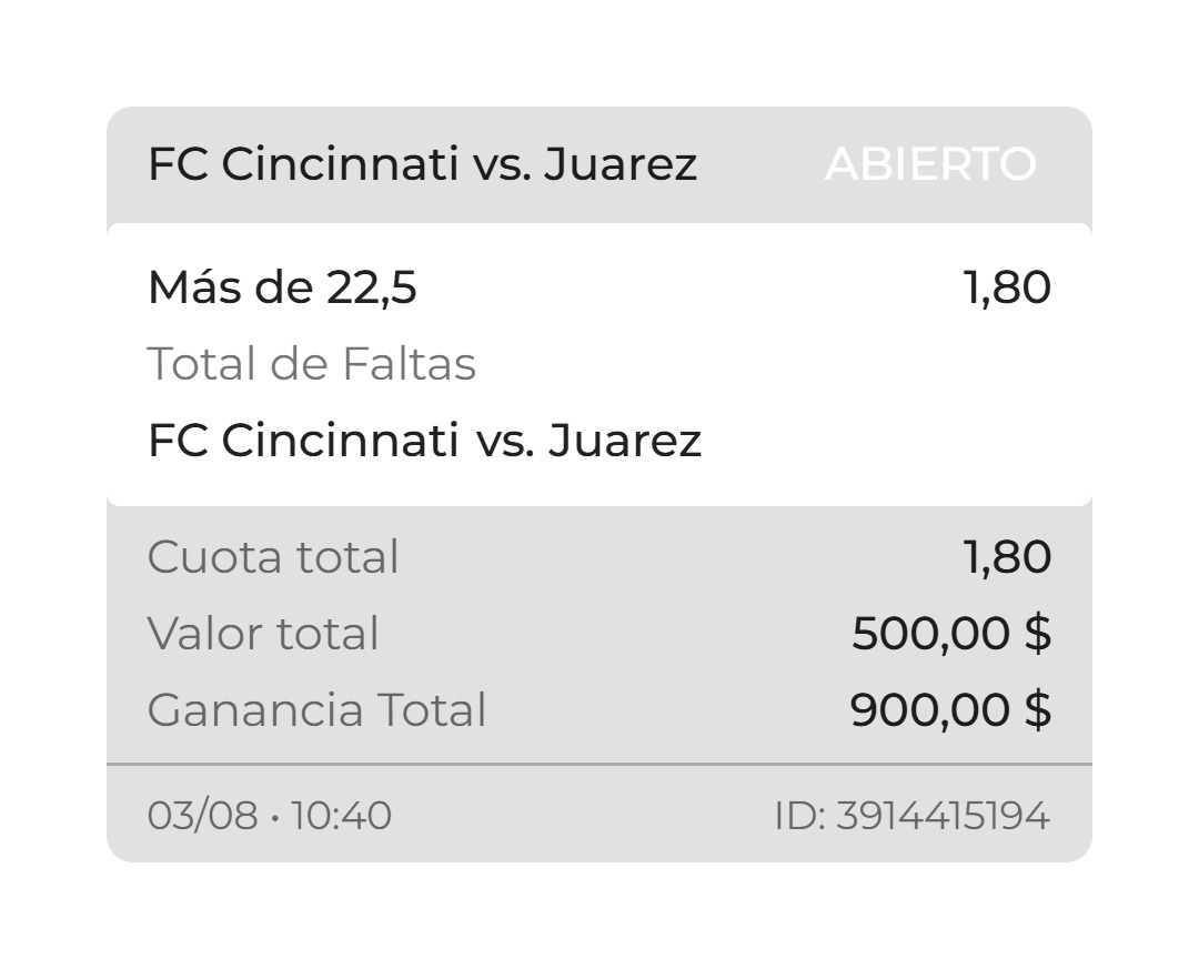 MIKLO APP (@mikloapp) on Twitter photo 💥 ¡Listos para otro verde!
🟨 FC Cincinnati vs. Juárez
🚨 Pick: Más de 22.5 faltas
💰 Momio: 1.80
🎯 Apuesta: $500
🔥 ¡A cobrar $900 si se cumple!
¿Y tú qué esperas para ganar con nosotros y con <a href="/Micasinocom/">MiCasino.com | Apuestas deportivas</a>
👉 Únete aquí: micasino.com/?pc=MIKLO
🎁 ¡Te duplicamos tu primer 💥 ¡Listos para otro verde!
🟨 FC Cincinnati vs. Juárez
🚨 Pick: Más de 22.5 faltas
💰 Momio: 1.80
🎯 Apuesta: $500
🔥 ¡A cobrar $900 si se cumple!
¿Y tú qué esperas para ganar con nosotros y con <a href="/Micasinocom/">MiCasino.com | Apuestas deportivas</a>
👉 Únete aquí: micasino.com/?pc=MIKLO
🎁 ¡Te duplicamos tu primer