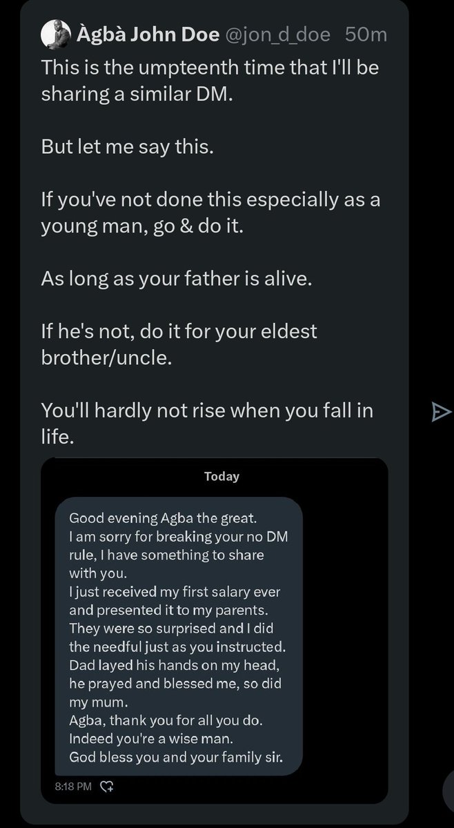 jon_d_doe's tweet photo. The testimonies are the same.

Try it, and you'll testify.

Your father is your God on earth. 

If you're a married woman, your husband is your head, through which you'll receive God's blessings.

I have said my own.

If you like, do it.

If you like, don't do it.

End. https://t.co/rQnFBRciRo