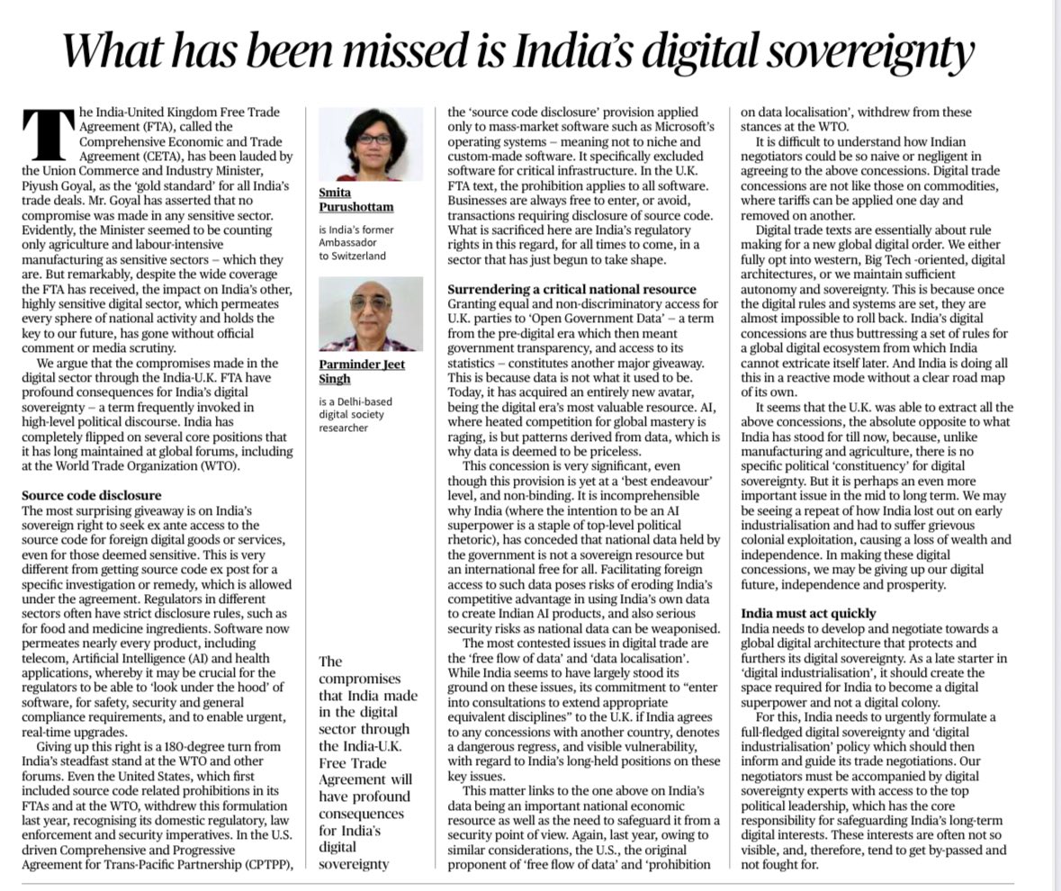 dynamicvikram's tweet photo. Wonderful article by @smita1900 and Parminder Jeet Singh, from fine prints of the recent India-UK FTA called CETA.
@the_hindu (2nd Aug 2025) https://t.co/GQTT1kv7Cz