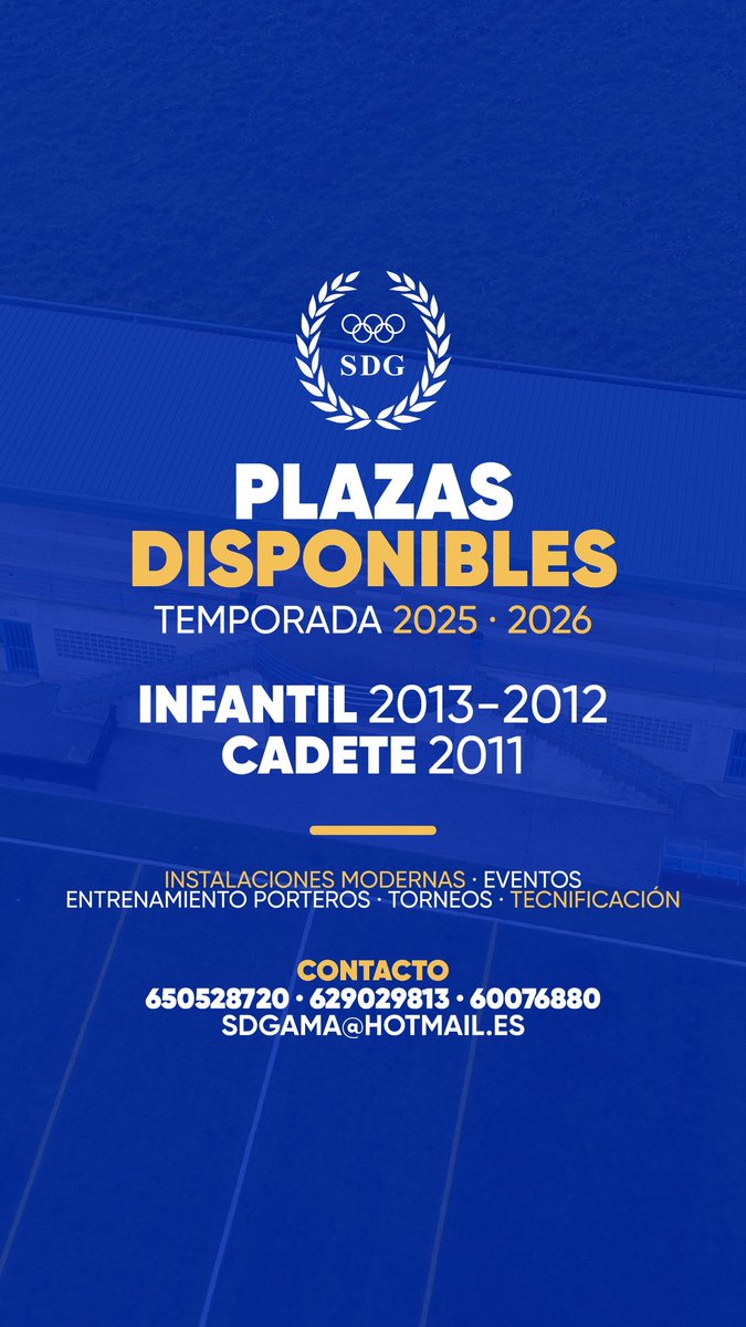 📢📢📢📢📢📢
PLAZAS DISPONIBLES 

✅ INFANTIL 2013-2012
✅ CADETE 2011

❗❗❗ TE ESPERAMOS ❗❗ LLÁMANOS 

💙💙💙

#vamosgana
#sdgama
#soygamero