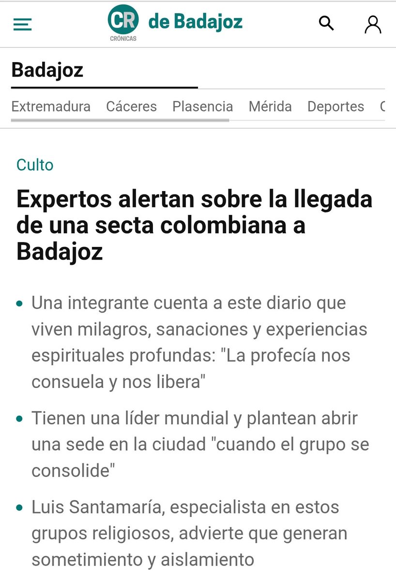 Luis Santamaría del Río 🐦 (@vaicondios) on Twitter photo Hoy <a href="/crobadajoz/">La Crónica de Badajoz</a> (<a href="/EPExtremadura/">El Periódico Extremadura</a>) publica un artículo sobre el desembarco de la Iglesia de Dios Ministerial de Jesucristo Internacional en #Badajoz, procedente de #Colombia. Gracias por haceros eco de mis investigaciones
elperiodicoextremadura.com/badajoz/2025/0…
<a href="/aytodebadajoz/">Ayuntamiento Badajoz</a> <a href="/DGobExtremadura/">Del.Gob.Extremadura</a> Hoy <a href="/crobadajoz/">La Crónica de Badajoz</a> (<a href="/EPExtremadura/">El Periódico Extremadura</a>) publica un artículo sobre el desembarco de la Iglesia de Dios Ministerial de Jesucristo Internacional en #Badajoz, procedente de #Colombia. Gracias por haceros eco de mis investigaciones
elperiodicoextremadura.com/badajoz/2025/0…
<a href="/aytodebadajoz/">Ayuntamiento Badajoz</a> <a href="/DGobExtremadura/">Del.Gob.Extremadura</a>