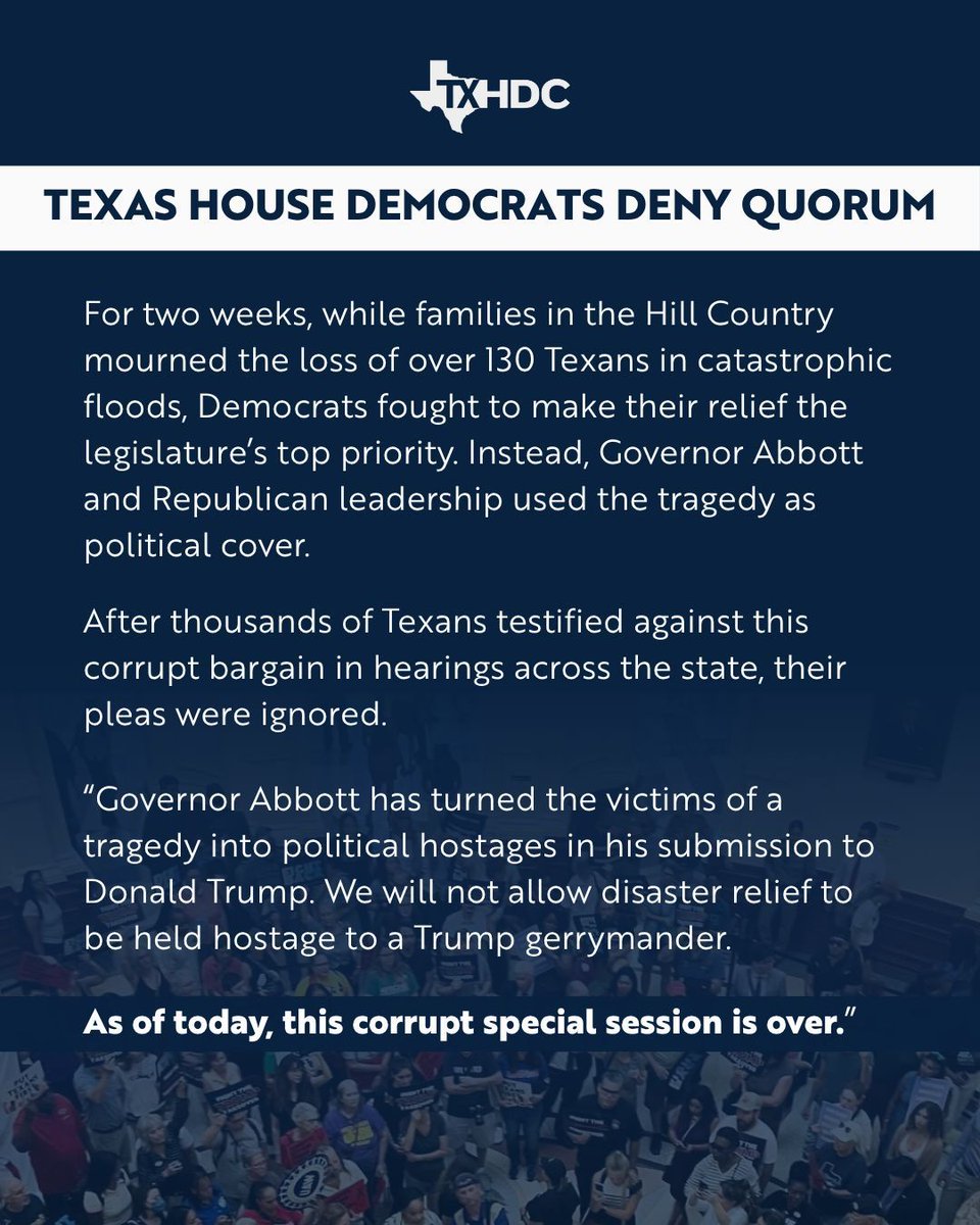 The choice was clear:
Stand by while Abbott silences millions of Black and Latino voters, or use every tool available to stop this assault on our democracy.

This corrupt special session is over.
#txlege
