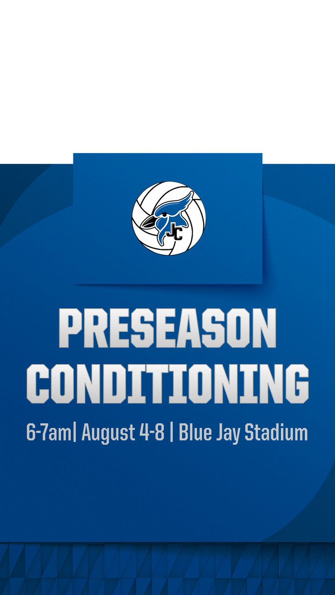 • PRESEASON CONDITIONING WEEK •
Monday, Aug. 4th to Friday, Aug. 8th
6-7am | Blue Jay Stadium 

Wear tennis shoes. Bring a water bottle, headphones (if preferred), and a positive attitude! See you rain or shine. 

(If raining, conditioning will be moved indoors)