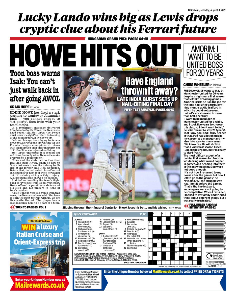 Monday's DAILY MAIL SPORT: Howe hits out
#TomorrowsPapersToday