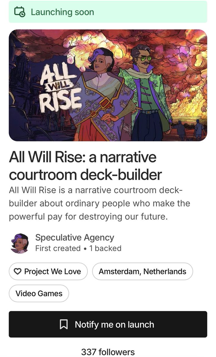 speculativagncy's tweet photo. Follow our #Kickstarter page now! 

All Will Rise is a narrative courtroom deck-builder, soon launching on Kickstarter. Don’t miss out. Prepare to make your case, and win the battle for the future. It’s in your hands.

Kickstarter here: https://t.co/edkfISUEKp...

#IndieGame https://t.co/p8SlyBhM73