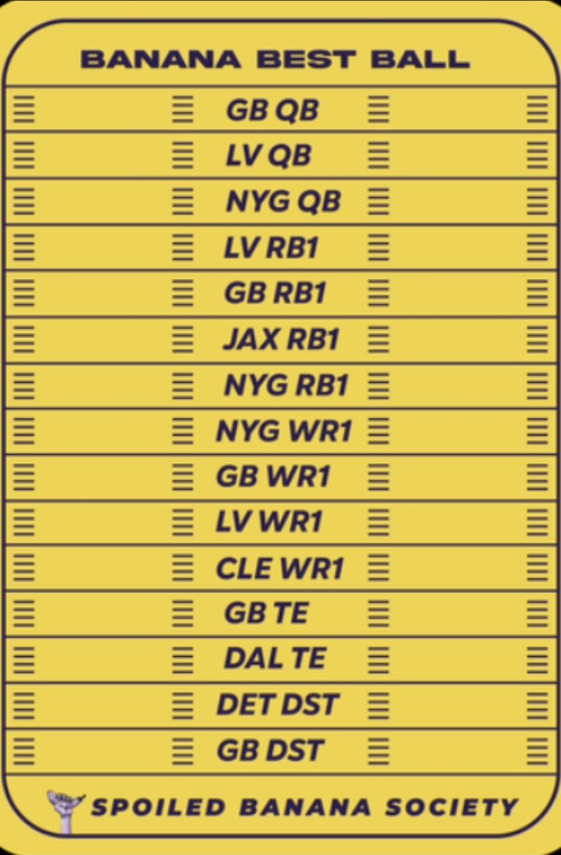 Qmelo (@aqfresh) on Twitter photo BANANA BEST BALL #3
•<a href="/SBSFantasy/">Spoiled Banana Society 🏈🍌</a>
•#GoPackGo
•4&4, but at what cost?
• Giants Raiders week 17
🍌🍌 BANANA BEST BALL #3
•<a href="/SBSFantasy/">Spoiled Banana Society 🏈🍌</a>
•#GoPackGo
•4&4, but at what cost?
• Giants Raiders week 17
🍌🍌