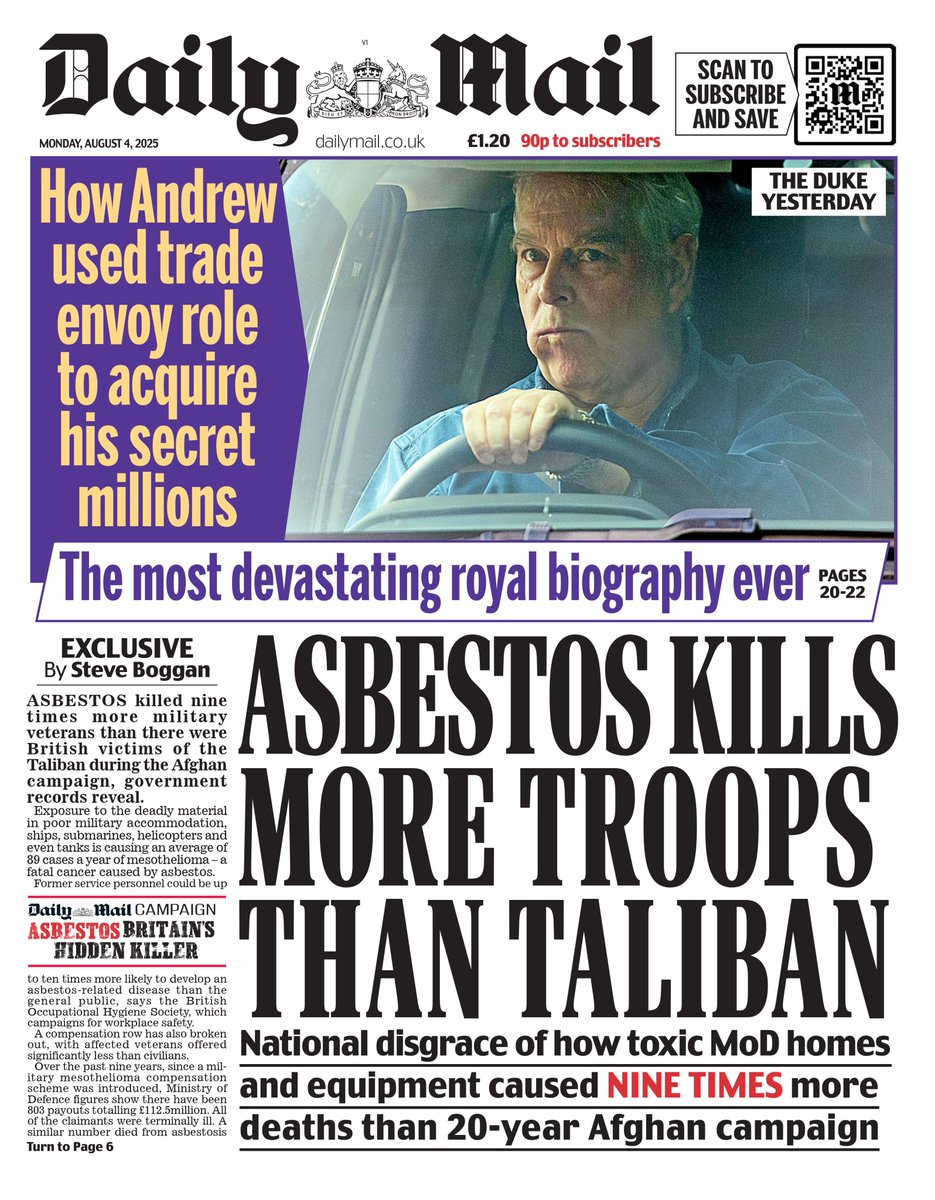 Monday's DAILY MAIL: Asbestos kills more troops than Taliban
#TomorrowsPapersToday
