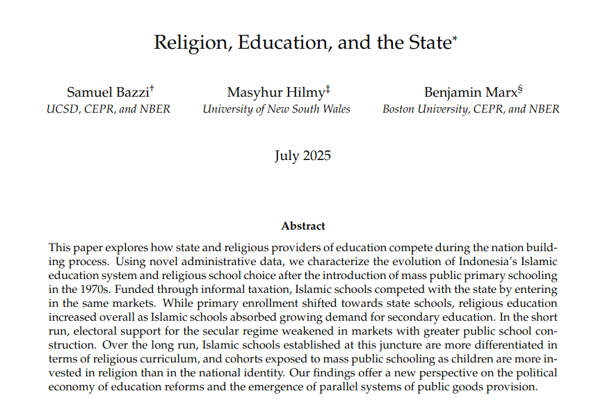 The Review of Economic Studies (@reveconstudies) on Twitter photo "State schools aimed to secularize Indonesia, but religious schools adapted, competing for students and strengthening Islamic identity instead."
Recently accepted to #REStud, from @samuelbazzi, Hilmy and <a href="/benjaminmarx/">Benjamin Marx</a>:
restud.com/religion-educa…
#EconTwitter "State schools aimed to secularize Indonesia, but religious schools adapted, competing for students and strengthening Islamic identity instead."
Recently accepted to #REStud, from @samuelbazzi, Hilmy and <a href="/benjaminmarx/">Benjamin Marx</a>:
restud.com/religion-educa…
#EconTwitter