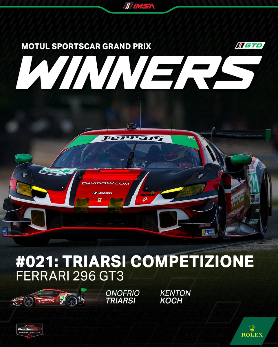 IMSA (@imsa) on Twitter photo Congratulations to the No. 021 Triarsi Competizione
Ferrari 296 GT3 team on Winning the 2025 Motul SportsCar Grand Prix in the GTD Class! 🏆
#TriarsiCompetizione | <a href="/FerrariRaces/">Ferrari Races</a> Congratulations to the No. 021 Triarsi Competizione
Ferrari 296 GT3 team on Winning the 2025 Motul SportsCar Grand Prix in the GTD Class! 🏆
#TriarsiCompetizione | <a href="/FerrariRaces/">Ferrari Races</a>