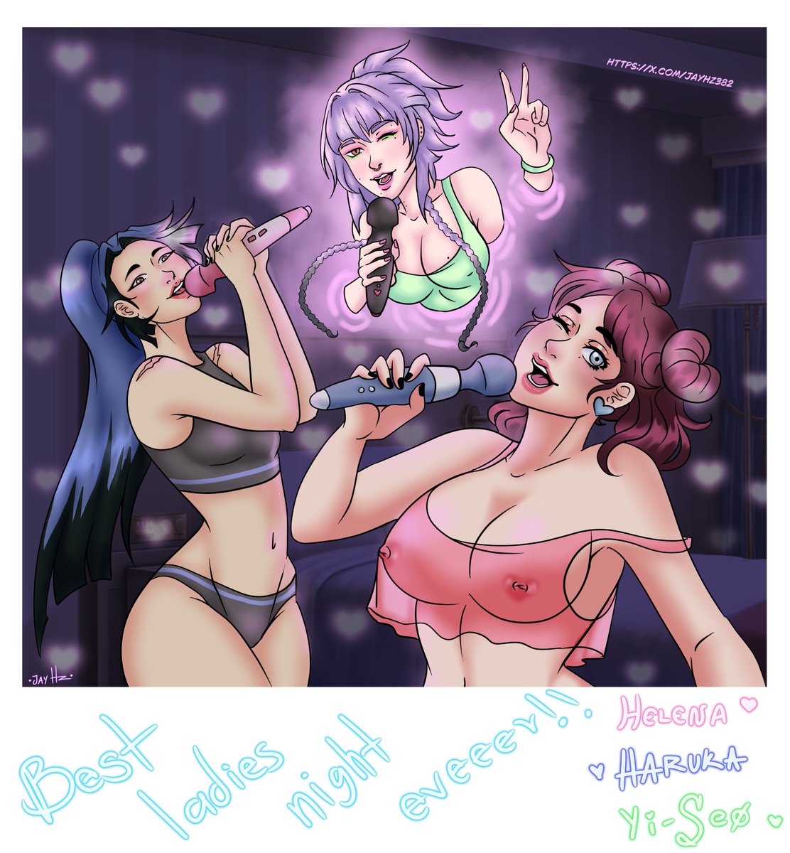 JayHz382's tweet image. The girls had a fun night!! ♥

What song do you think they´re singing? 🎙️🎶🎵

Helena/IcyHeart💗 Haruka/BlueViper💙 and Yi-Seo💚 are my OC´s.

#originalcharacter #IcyHeart #BlueViper #YiSeo #commissionsopen