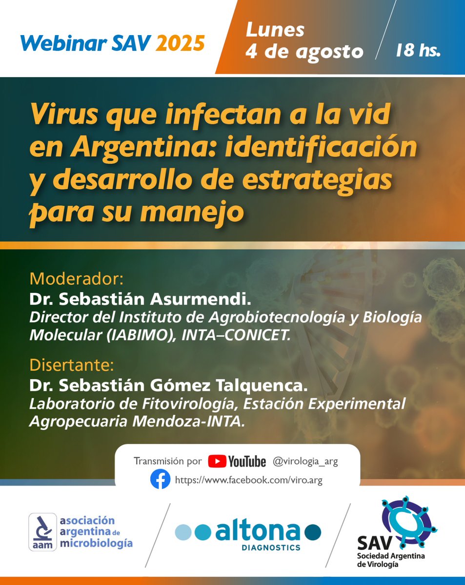 📢WEBINAR de la SAV - Mañana! 

Lunes 4 de agosto 
🕧 18.00 hs (Hora Argentina) 
 
"Virus que infectan a la vid en Argentina"
Disertante: Dr. Sebastián Gómez Talquenca.

Los esperamos!

youtube.com/live/qRXkrNeSc…