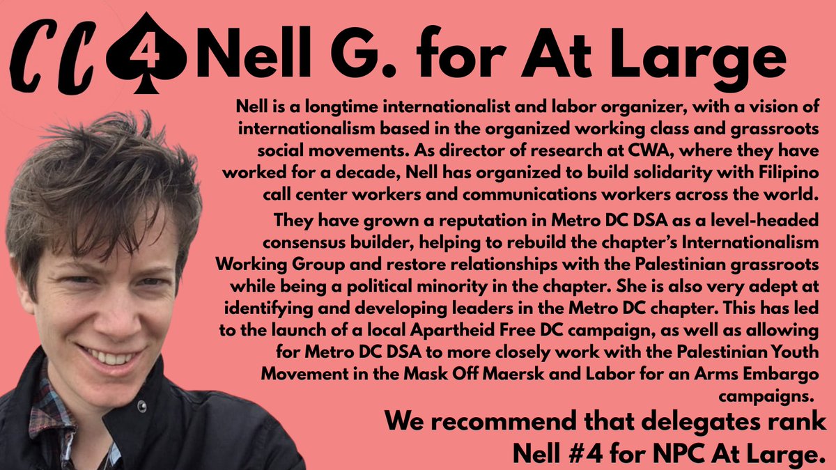 DSACommunists's tweet image. We also have specific recommendations for #4-6 in the NPC at-large race: these are candidates who are adept at navigating political difference in a multi-tendency organization, raising the level of thinking, while proactively contributing to important campaigns