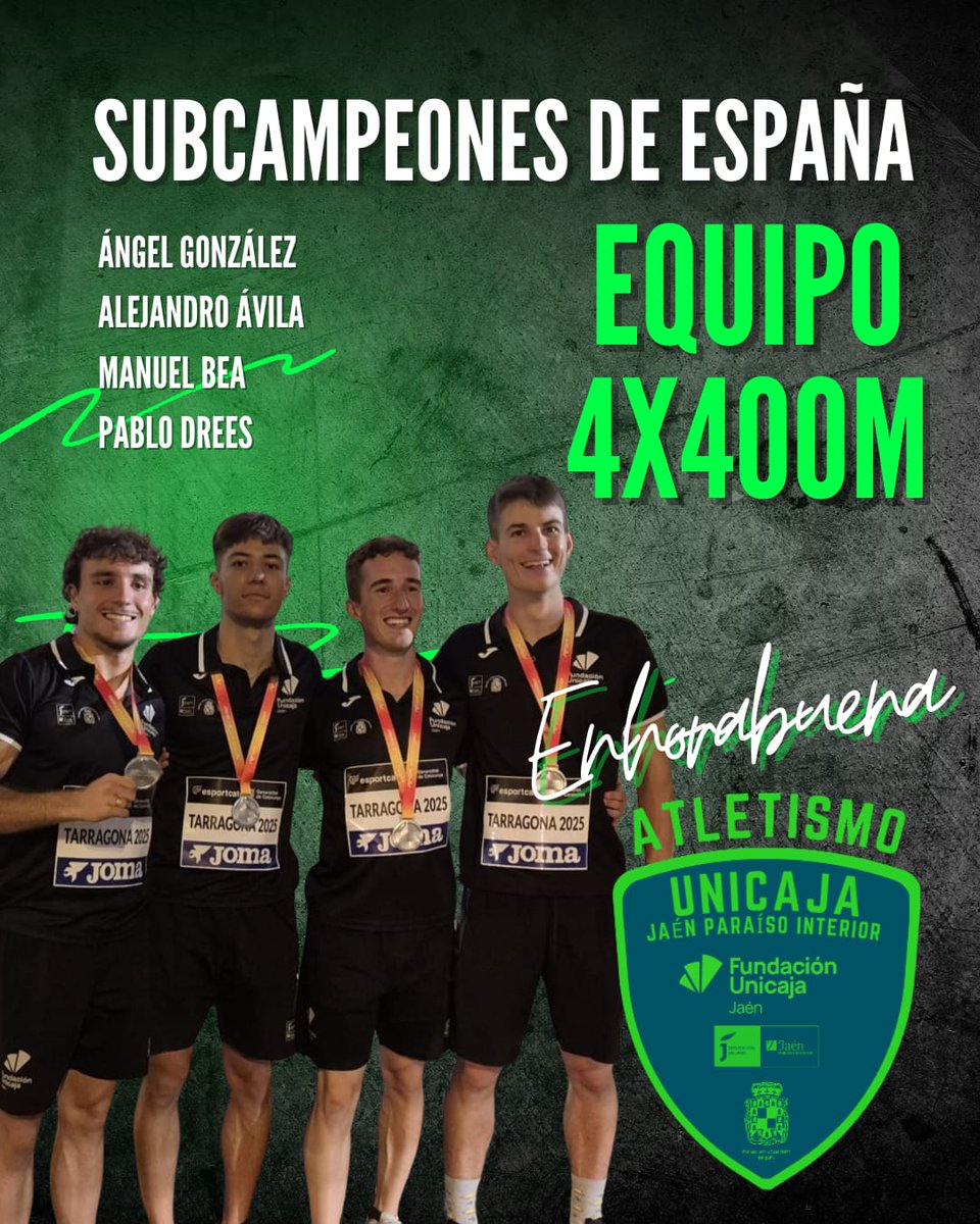 ¡SUBCAMPEONES DE ESPAÑA! 🇪🇸💚

Nuestro equipo de 4x400M formado por Ángel González, Alejandro Ávila, Manuel Bea y Pablo Drees ha logrado la medalla de plata 🥈 en el Campeonato de España Absoluto.

¡ENHORABUENA EQUIPO! 

#TodoAlVerde 💚💚💚