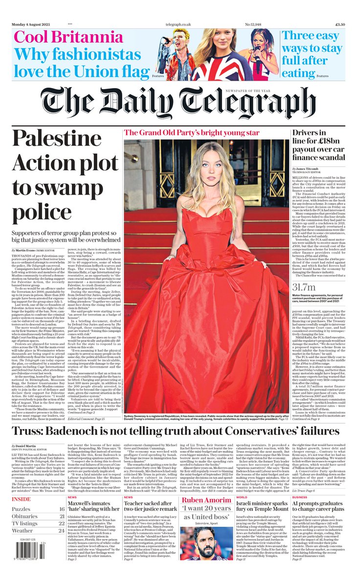 Monday's DAILY TELEGRAPH: Palestine Action plot to swamp police
#TomorrowsPapersToday