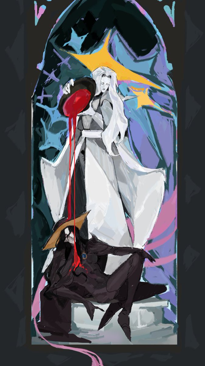 DhampirHuntress's tweet image. Wip of these two that I am using all my magical powers to finish! (It&apos;s not working, send help I have scatterbrain)
#VampireHunterD #Alucard