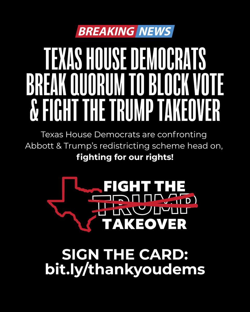 The labor movement is in full solidarity with this necessary quorum break! 

Texas may be the beginning of this redistricting battle, but workers across this country will win the war. Sign the card: bit.ly/thankyoudems