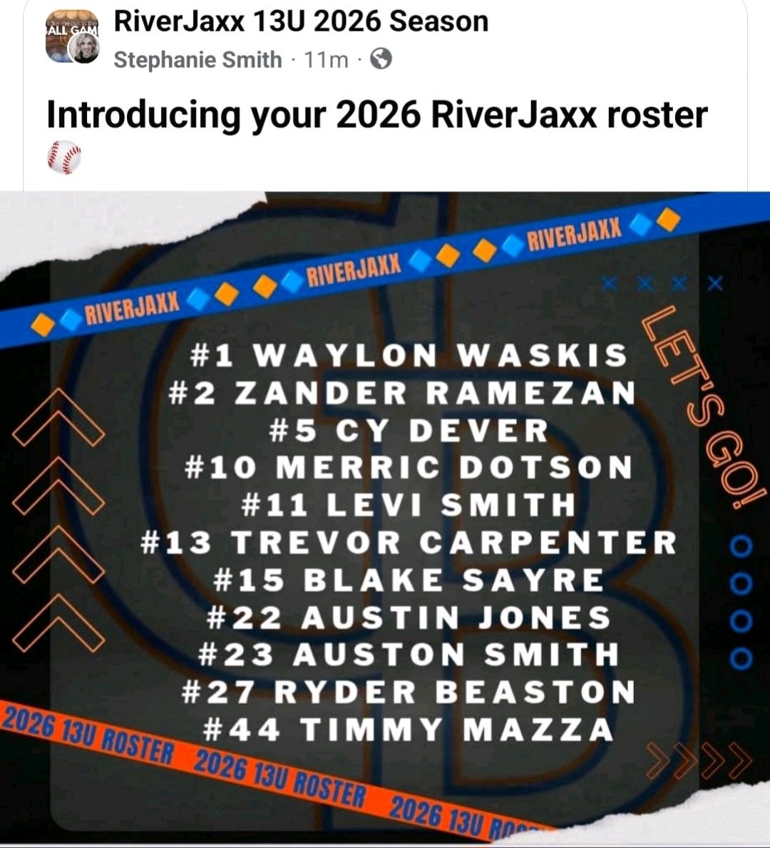 #RiverJaxxBaseball™️  🔶️🔷️🔶️🔷️🔶️

            Your #2026 13U #JaxxBoys™️

       Lets Get 2 Work 🔨🔨🔨

#JaxxBoyBaseball™️ ⚾️⚾️⚾️