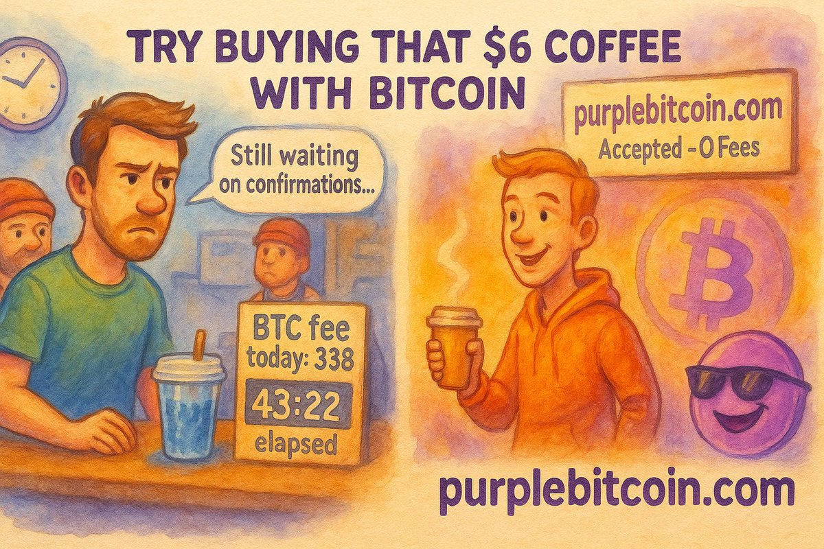 Coin Pusher VI (@coinwizz303) on Twitter photo You ever tried buying that $6 coffee with #Bitcoin?
💸 $38 fee
⏳ 45 minutes to confirm
🥶 Hope you like it cold…
Served colder than your storage, <a href="/AltcoinDaily/">Altcoin Daily</a> ❄️🧊💀☕️⚰️
$PBTC
Purplebitcoin.com 🧠🔥🟣 You ever tried buying that $6 coffee with #Bitcoin?
💸 $38 fee
⏳ 45 minutes to confirm
🥶 Hope you like it cold…
Served colder than your storage, <a href="/AltcoinDaily/">Altcoin Daily</a> ❄️🧊💀☕️⚰️
$PBTC
Purplebitcoin.com 🧠🔥🟣