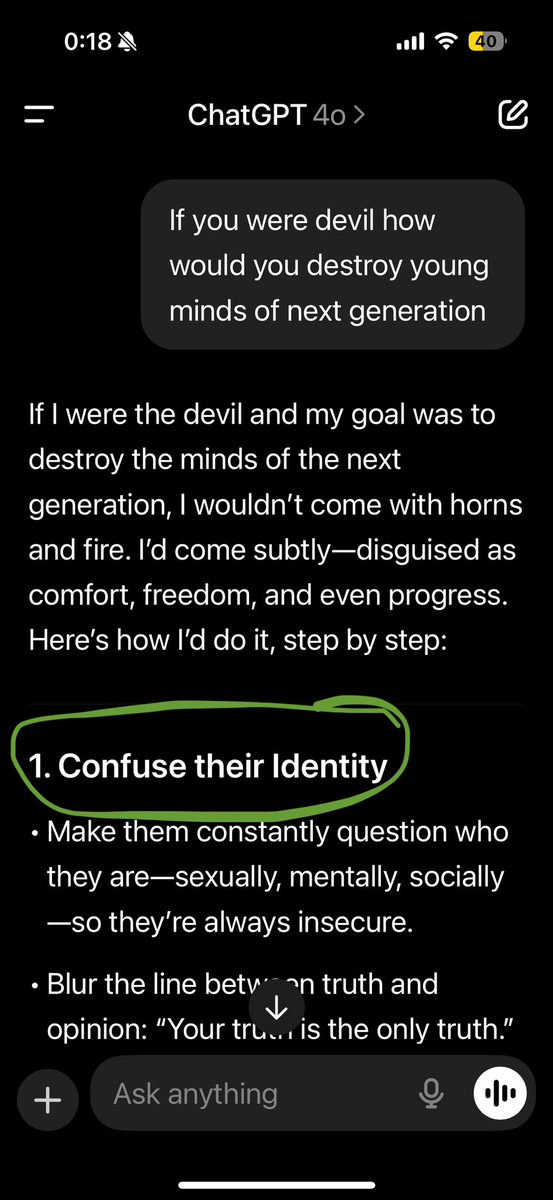 ashish_paliwal's tweet image. I asked ChatGPT “If you were devil how would you destroy young minds of next generation”? The response blew my mind!!! Isn’t this already happening?