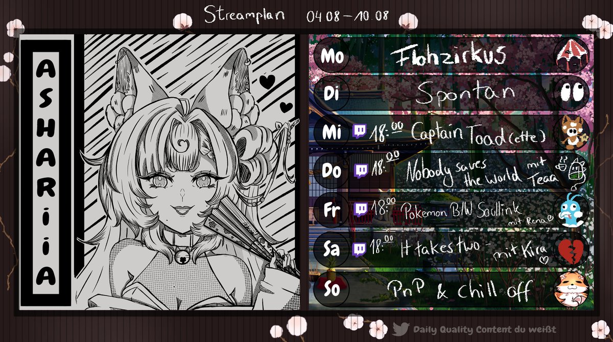 Strömplan VOR Montag 😎

18 Uhr‼️

Di: Spontan
Mi: Toadette zeigt bosshafte badshroom vibes
Do: Superhelden eures Vertrauens, versagen wieder <a href="/Tiex_Oyabun/">Tiex_Oyabun</a> 
Fr: Zekrom solot 6te Arena? <a href="/RenaCloverfield/">La LloRENA 🍀👻🐛「GER/EN VTuber」</a> 
Sa: Nach dem Gefängnis folgt der Ehekrieg <a href="/Kiraila/">Kiraila ❤️‍🔥💋</a> 

⬇️⬇️⬇️