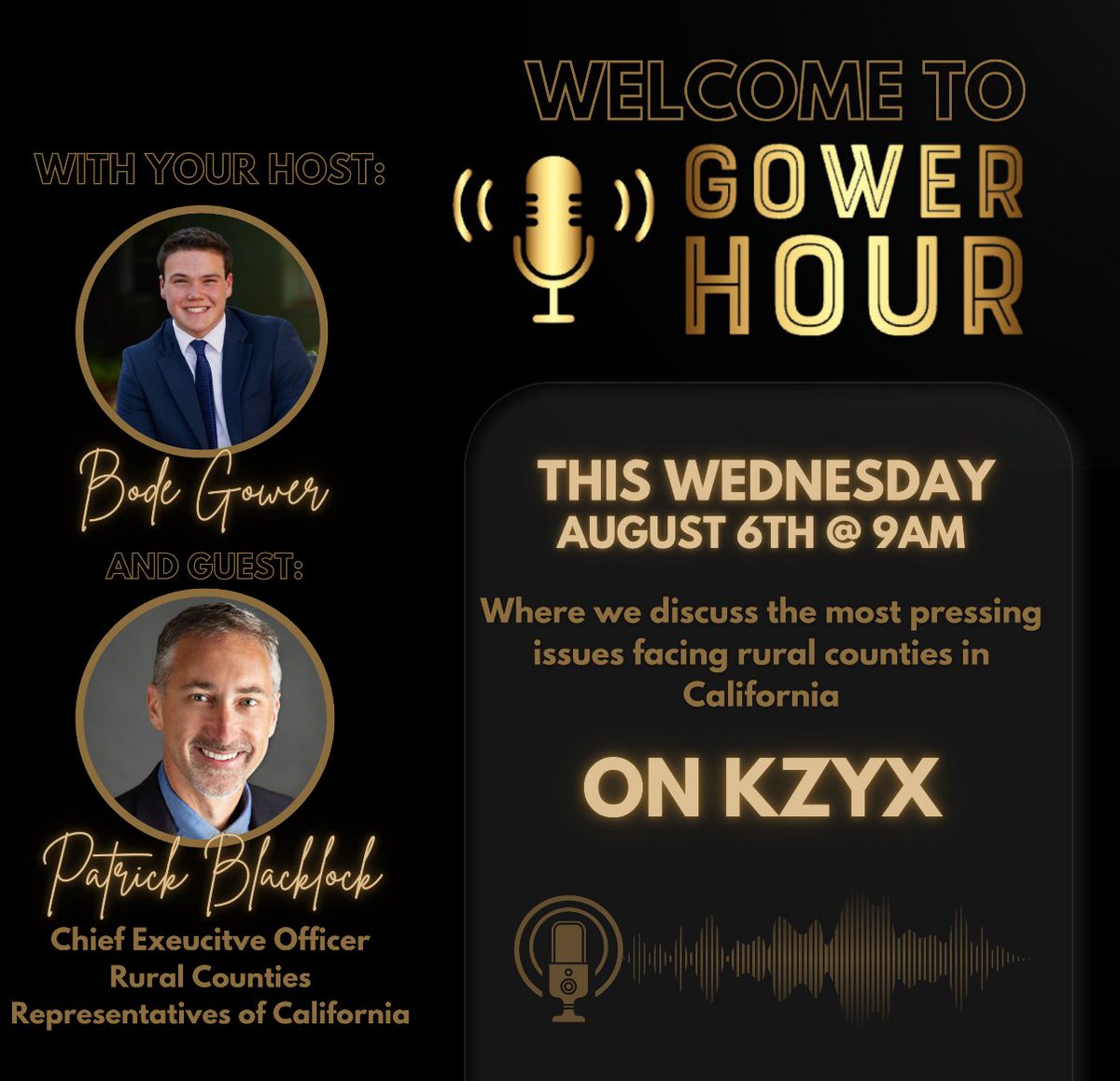 Bode Gower (@bodegower) on Twitter photo I’m so excited to welcome the President and Chief Executive Officer of the <a href="/RuralCounties/">CA Rural Counties</a> Patrick Blacklock onto Gower Hour. Tune in to KZYX on Wednesday at 9AM to hear Patrick and I discuss one size fits all state policies, and much more. I’m so excited to welcome the President and Chief Executive Officer of the <a href="/RuralCounties/">CA Rural Counties</a> Patrick Blacklock onto Gower Hour. Tune in to KZYX on Wednesday at 9AM to hear Patrick and I discuss one size fits all state policies, and much more.
