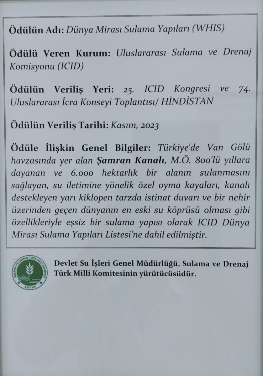 VAN'IN DÜNYA MİRASI 
Urartu su mimarisinin dünyaca ünlü eseri,Gürpınar'dan Van şehir merkezine kadar uzanan, 51 km. uzunluğundaki Şamran su kanalı  6 bin hektar alanı suluyor. 
3 bin yıllık  Şamran su kanalının Dünya Mirası Sulama Yapıları listesinde yer aldığını biliyor musunuz?