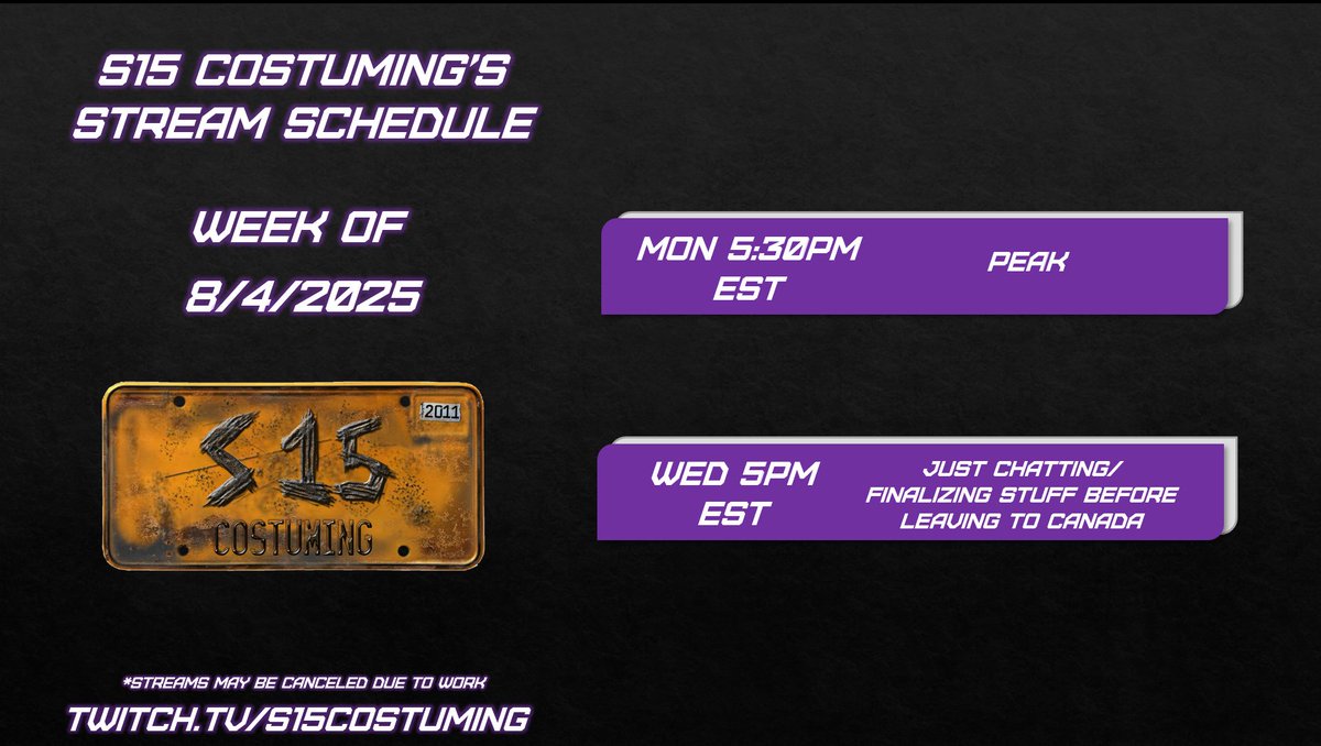 Here's my stream schedule for this week!

On Thursday, I'll be heading to Canada to hang out with the #ExtraLifeWinnipeg guild for their #ExtraLifeNorth event this weekend! I can't wait to eat poutine and do other Canadian things...

#ExtraLife @extralife4kids #peak #twitch