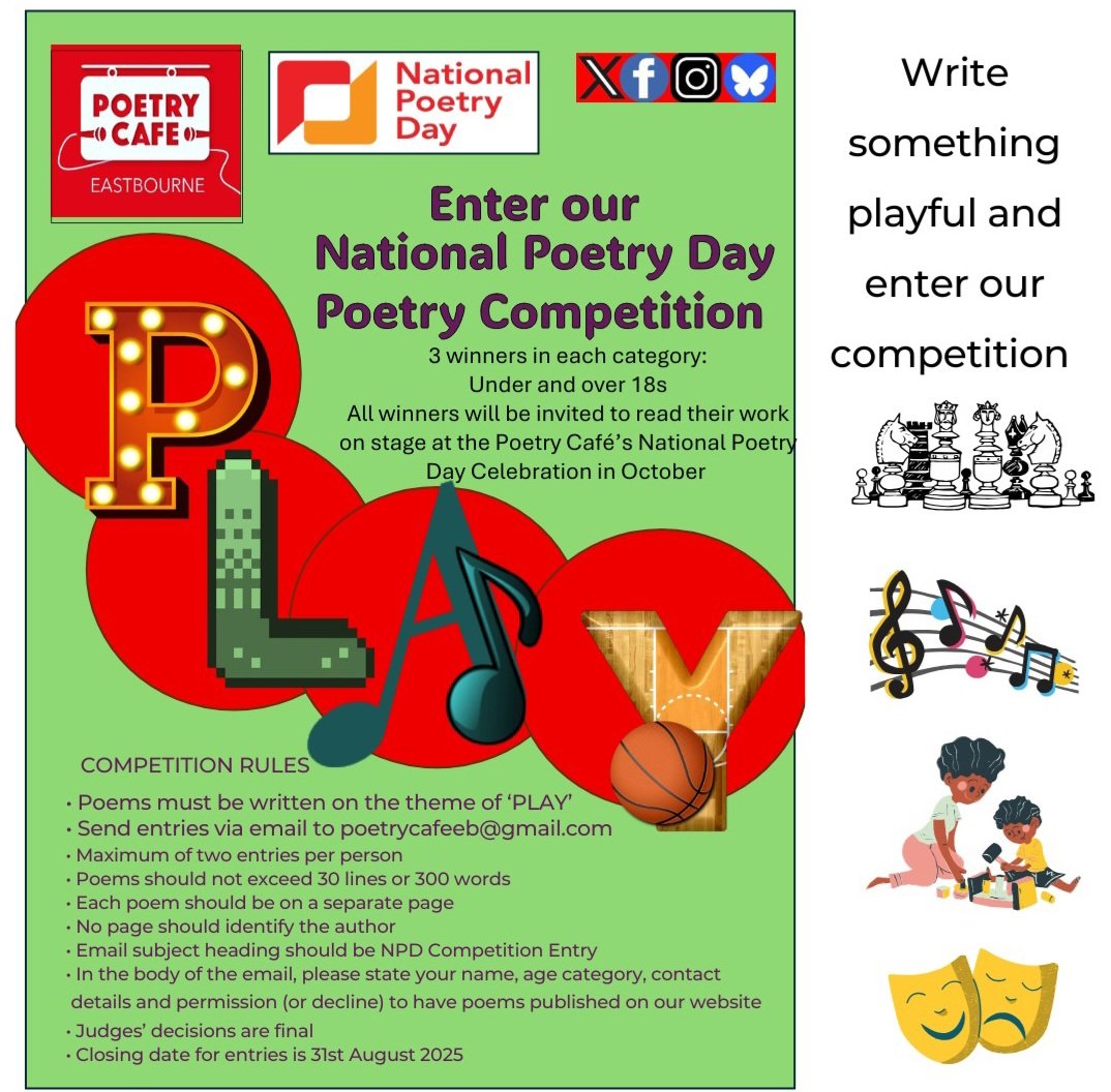 August is upon us and  31st to enter our FREE competition!! 
Scribble or type 30 lines or fewer on the prompt of 'PLAY' and email it to us here at The Poetry Cafe. Let loose your creative vibe! 
#poetry  #competition #eastbournelocal #creativity #words #nationalpoetryday #play
