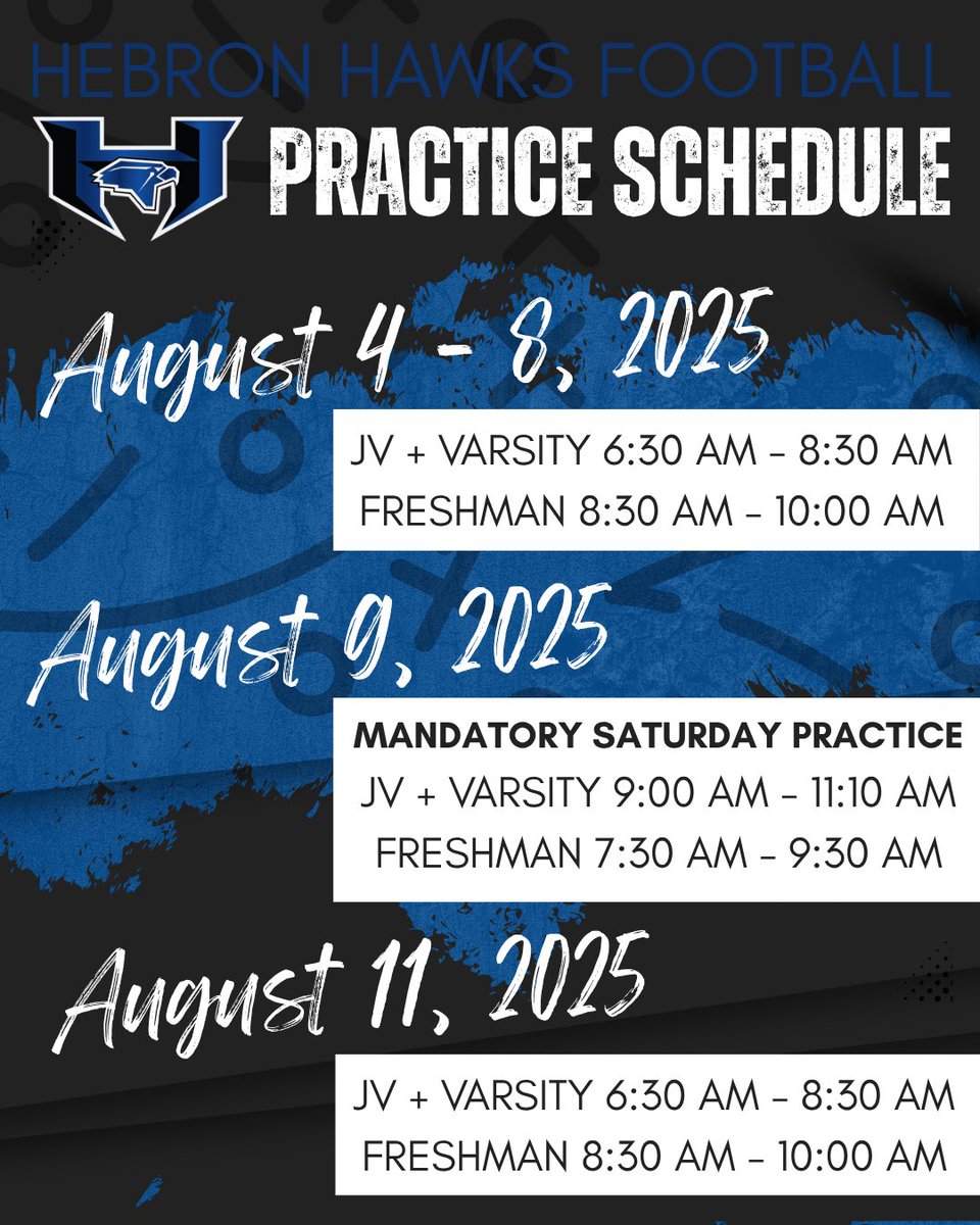 🏈 It’s officially go time, Hawks! 💪🔥

Practice kicks off THIS WEEK! ⏰

JV + Varsity start bright and early 🌅

Freshmen, you're up next! 💥

We Hunt We Believe 💙🖤 

#HebronFootball #HPND #BTW