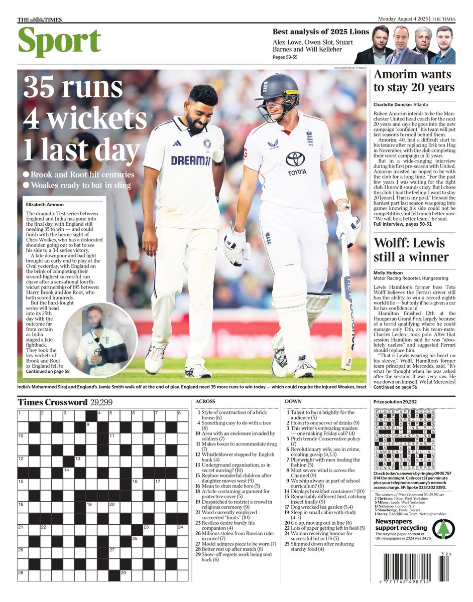 Monday's TIMES SPORT: 35 runs 4 wickets 1 last day
#TomorrowsPapersToday