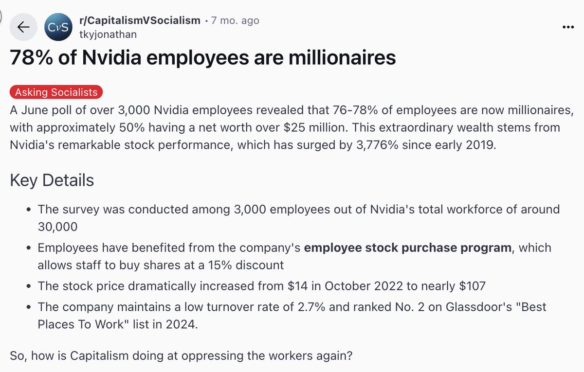 Nvidia - 76-78% of employees are now millionaires, with approximately 50% having a net worth over $25 million.

Fun fact: unlike other big tech, Nvidia is not enforcing a strict return-to-office policy and instead embraces a flexible work approach.