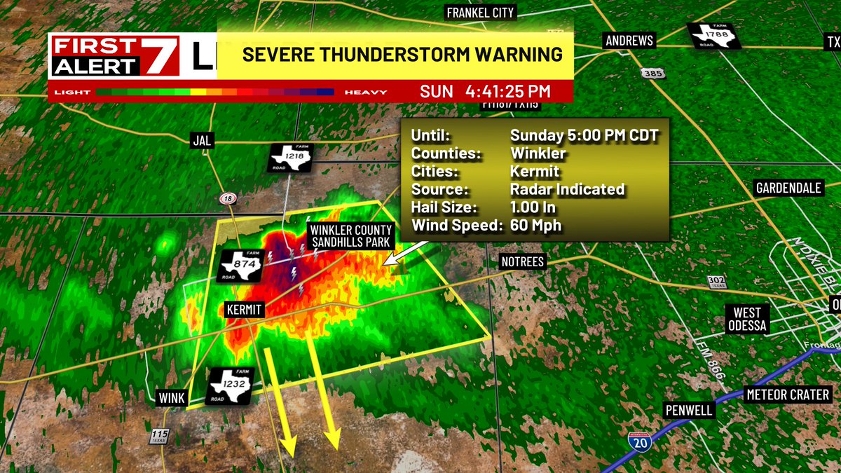 SEVERE THUNDERSTORM WARNING: A severe thunderstorm was located near Kermit with larger than quarter-sized hail and wind gusts to 60 mph. The storm was moving south at 10-15 mph. Take cover from this storm!