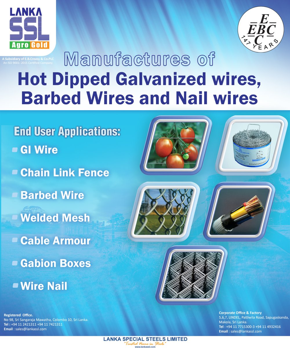 LankaSSLltd's tweet image. Manuyanufactures of Hot Dippen Galvanized wires, Barbed Wires and Nail Wires

#lankaspecialsteel #lankassl #giwire #barberdwire