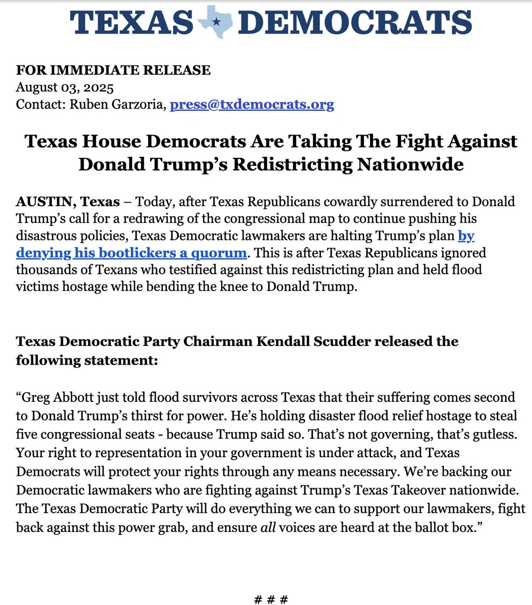 Texas Democrats (@texasdemocrats) on Twitter photo FOR IMMEDIATE RELEASE: Chairman
<a href="/KendallScudder/">Kendall Scudder</a>'s statement on Texas House Democrats Taking The Fight Against Donald Trump’s Redistricting Nationwide FOR IMMEDIATE RELEASE: Chairman
<a href="/KendallScudder/">Kendall Scudder</a>'s statement on Texas House Democrats Taking The Fight Against Donald Trump’s Redistricting Nationwide