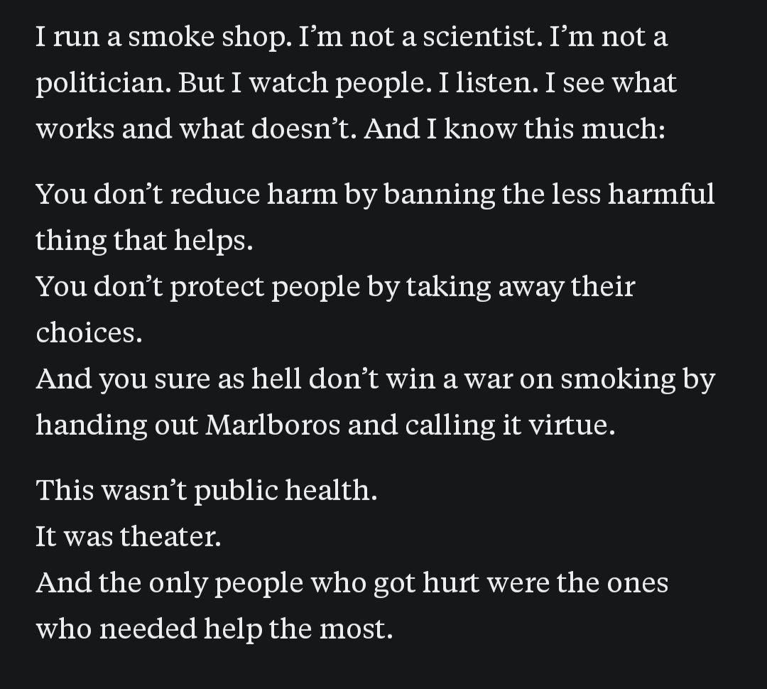 Arielle Selya (@arielleselya) on Twitter photo Great sobering piece by <a href="/thoughtsmoke_/">thoughtsmoke</a> about the harmful consequences of regulating the less harmful product more strictly:
open.substack.com/pub/thoughtsmo… Great sobering piece by <a href="/thoughtsmoke_/">thoughtsmoke</a> about the harmful consequences of regulating the less harmful product more strictly:
open.substack.com/pub/thoughtsmo…