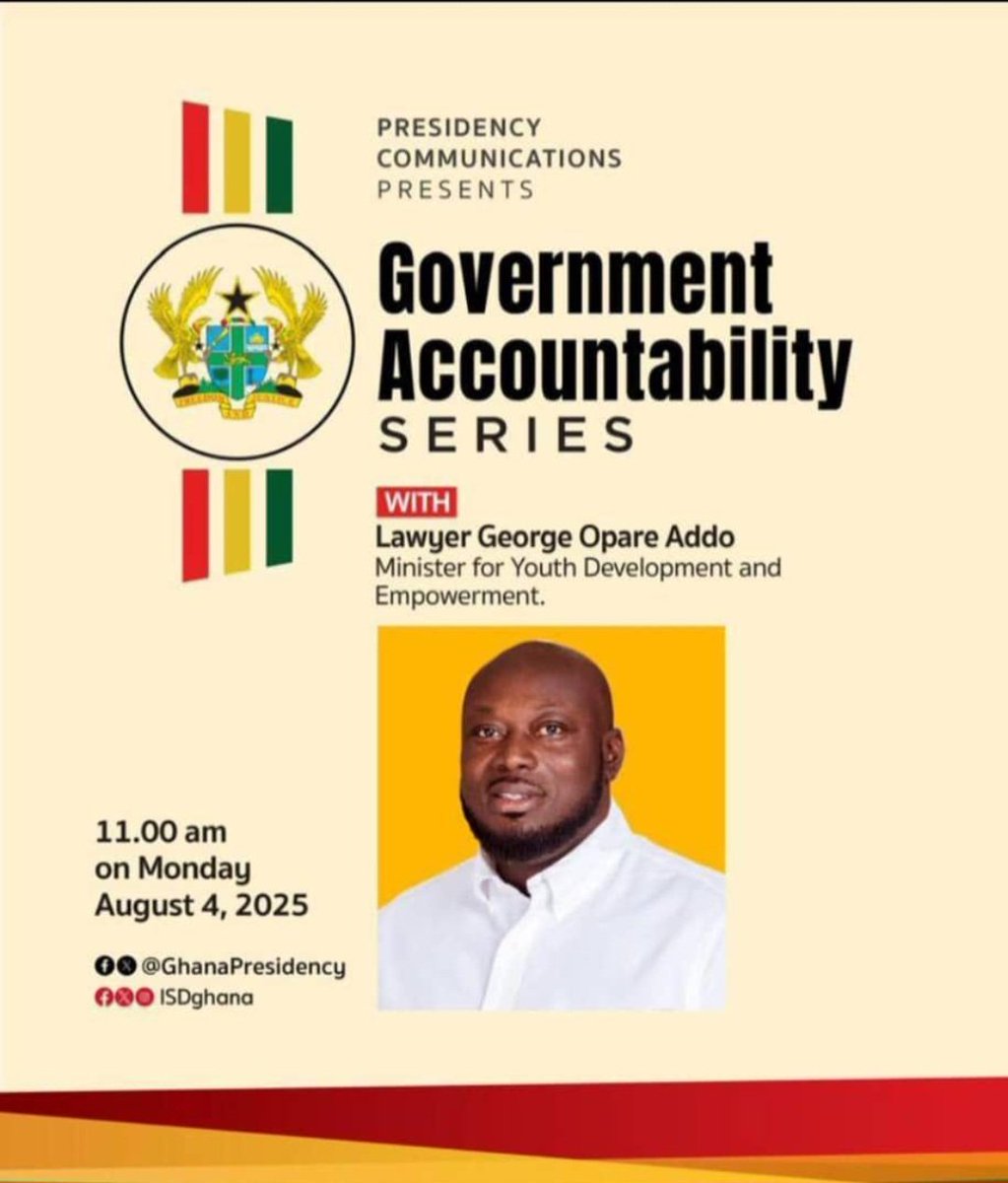 Make a date with the Minister for Youth Development and Empowerment, Hon. George Opare Addo as he takes his turn at the Government Accountability Series.
#YouthPower 
#Accountabilityseries