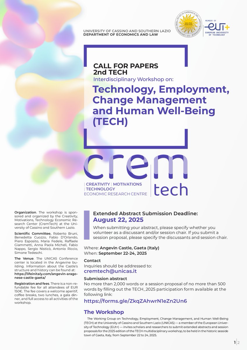 RGiammetti's tweet photo. 🧵 Post 1/5
🔎 CALL FOR PAPERS – TECH 2025 📍 Gaeta, Italy 🗓️ 22–24 September 2025 📌 Deadline: 22 August
Join us at the 2nd Interdisciplinary Workshop on Technology, Employment, Change Management &amp; Human Well-Being hosted by @uni_cassino  &amp; @Crem_TECH
👇 https://t.co/pu5cXXDIb0
