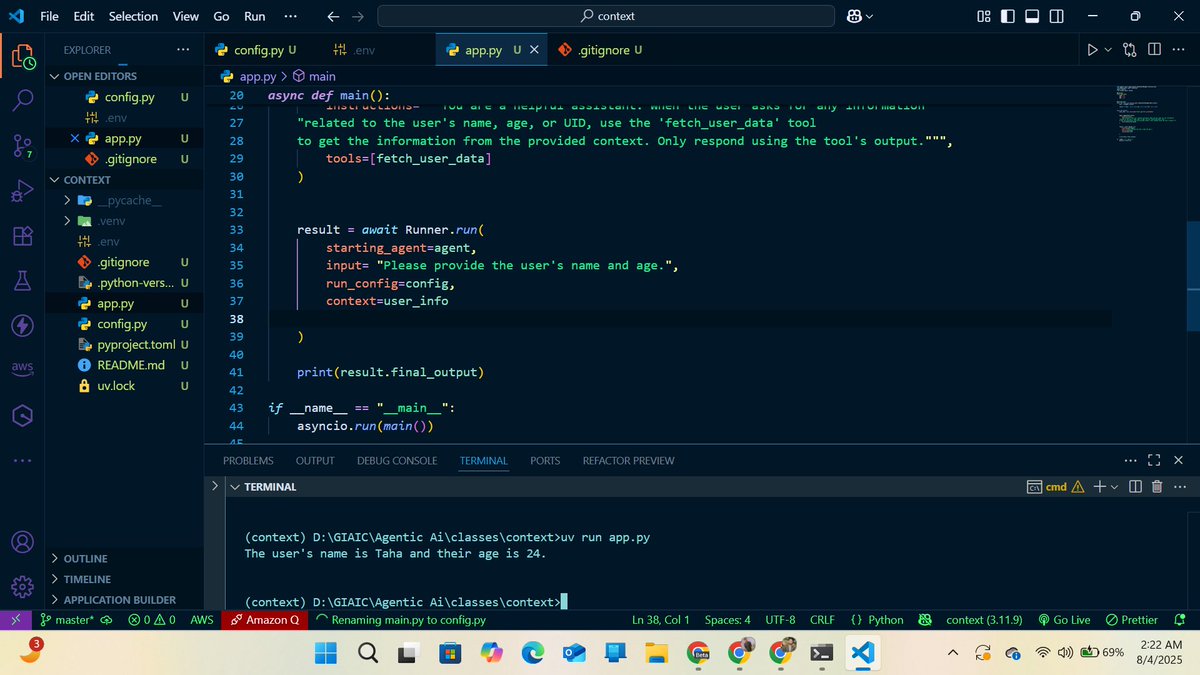 taha__awan's tweet photo. 🚀 Built a context-aware AI agent using Python &amp; Gemini 2.0 Flash — responds only when asked, using real user data from context.

🧠 No hallucinations. Just clean, tool-driven answers with proper context grounding. #AI #AgenticAI #Python #LLMs https://t.co/2M2nK6kl5k