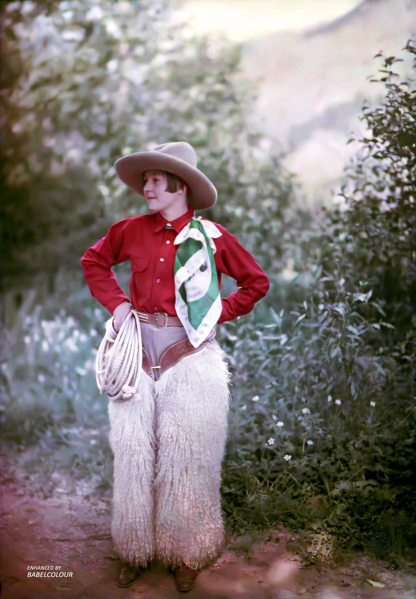 I've cleaned-up this charming 1910 autochrome portrait of a young cowgirl in a man's world, photographed in colour 115 years ago by Mrs Benjamin Russell. It is indicative of the time that her surviving collection of autochromes are identified in historical records and museum