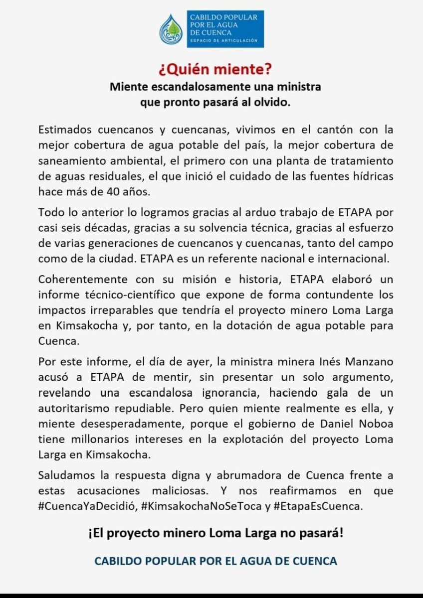 Cuenca siempre se ha caracterizado x amar y defender su territorio. El agua y páramos son sagrados y no se tocan. Este no es un tema político ideológico, es sentido común, apropiación y defensa x los recursos naturales de todos y las futuras generaciones.
#EtapaNoMiente