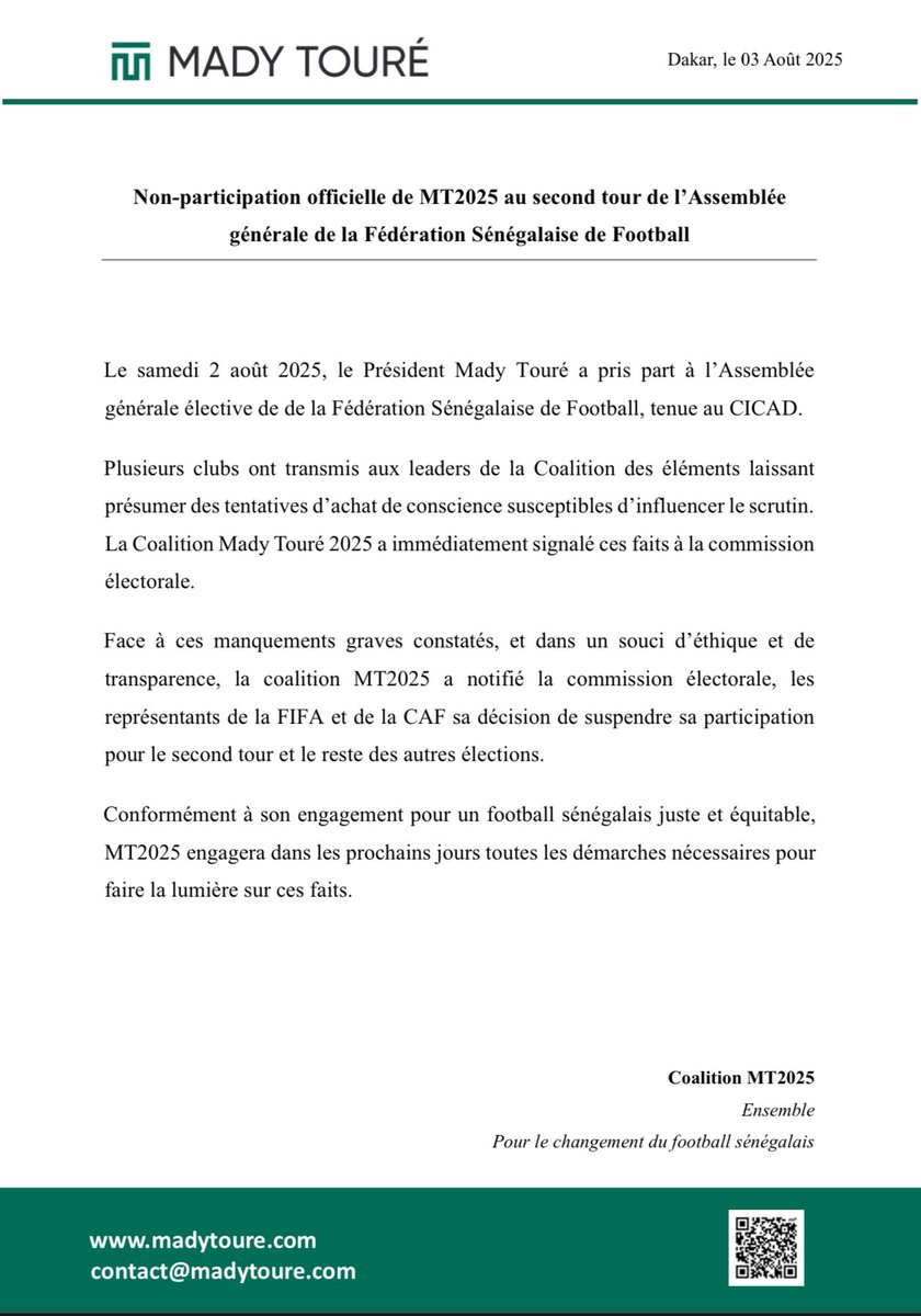 Communiqué officiel MT2025
#MadyToure2025 #MT2025 #FSF #elections2025