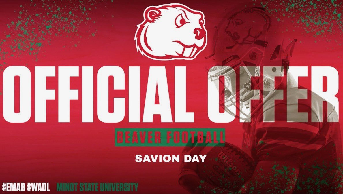 Savion Day,3โญ๏ธOL (@_savionday) on Twitter photo Blessed to have received my 2nd offer to Minot State University! #GoBeavers
<a href="/Coach_D_Mac/">Darryl McBride Jr</a> <a href="/LBPoly_Football/">Long Beach Poly Football ๐๐</a> <a href="/RMLineman/">Recruit My Lineman</a> @_giantskillz <a href="/TalamaivaoChris/">Chris Talamaivao</a> <a href="/GregBiggins/">Greg Biggins</a> Blessed to have received my 2nd offer to Minot State University! #GoBeavers
<a href="/Coach_D_Mac/">Darryl McBride Jr</a> <a href="/LBPoly_Football/">Long Beach Poly Football ๐๐</a> <a href="/RMLineman/">Recruit My Lineman</a> @_giantskillz <a href="/TalamaivaoChris/">Chris Talamaivao</a> <a href="/GregBiggins/">Greg Biggins</a>